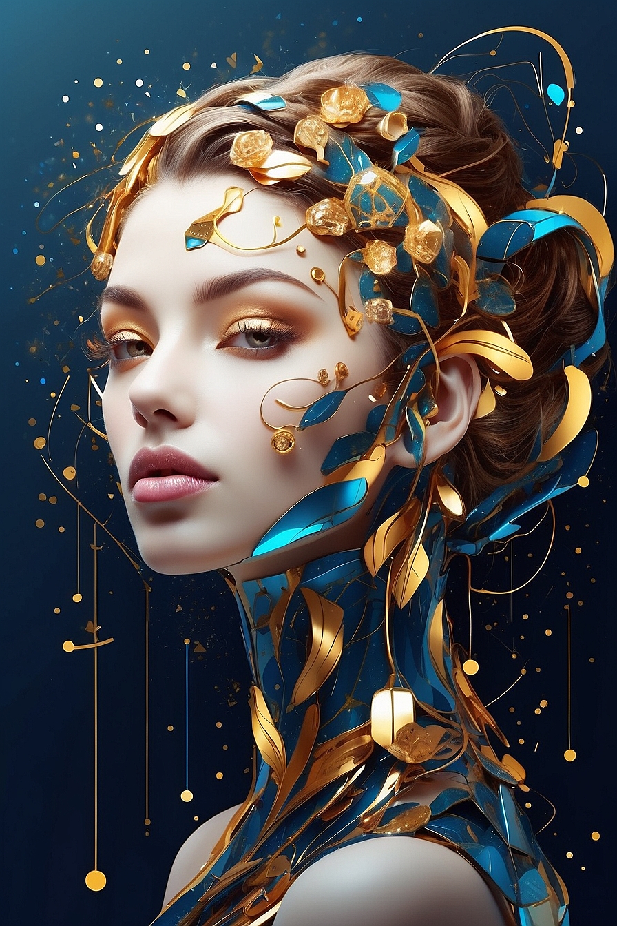 Digital art portrait of a woman adorned with golden and turquoise abstract elements and delicate splashes of gold, evoking a futuristic aesthetic.
